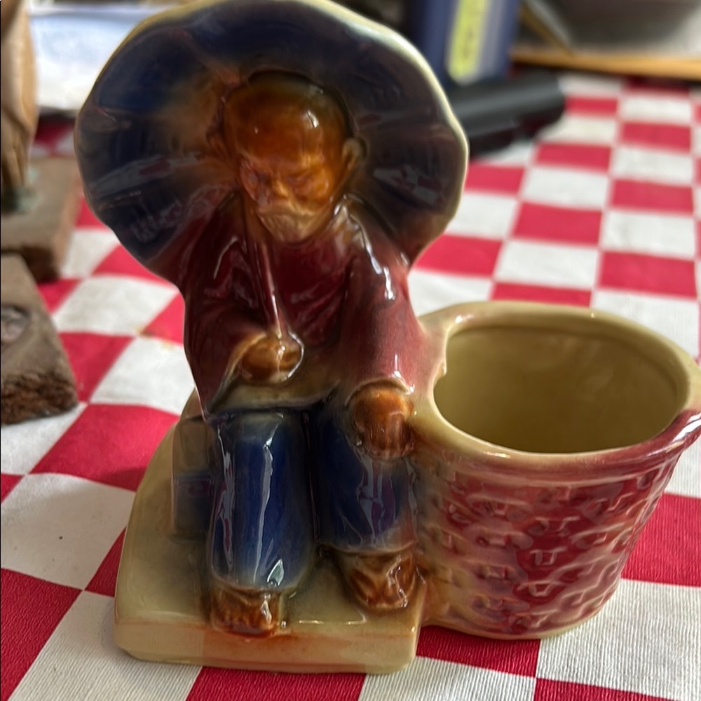 Glazed Ceramic Figurine Planter in Blue, Red, Brown